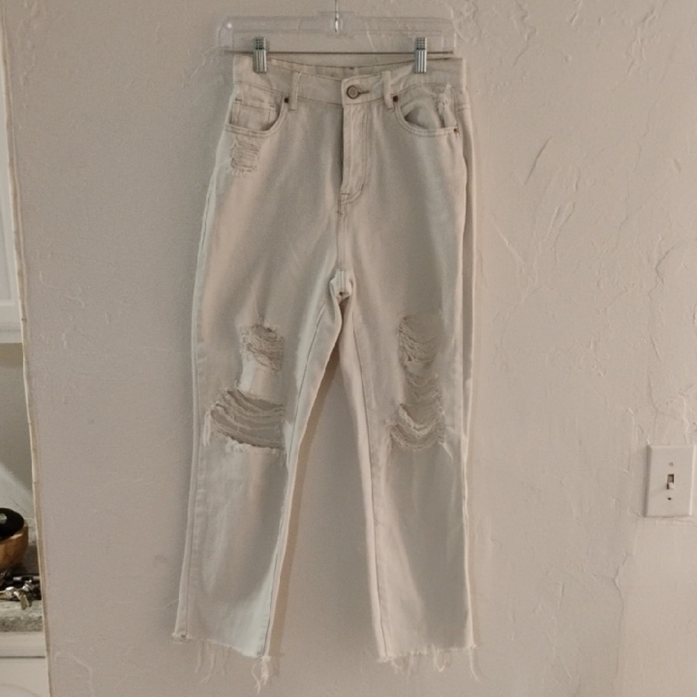 PacSun Cream Ankle Cropped Jeans with Distressed Details